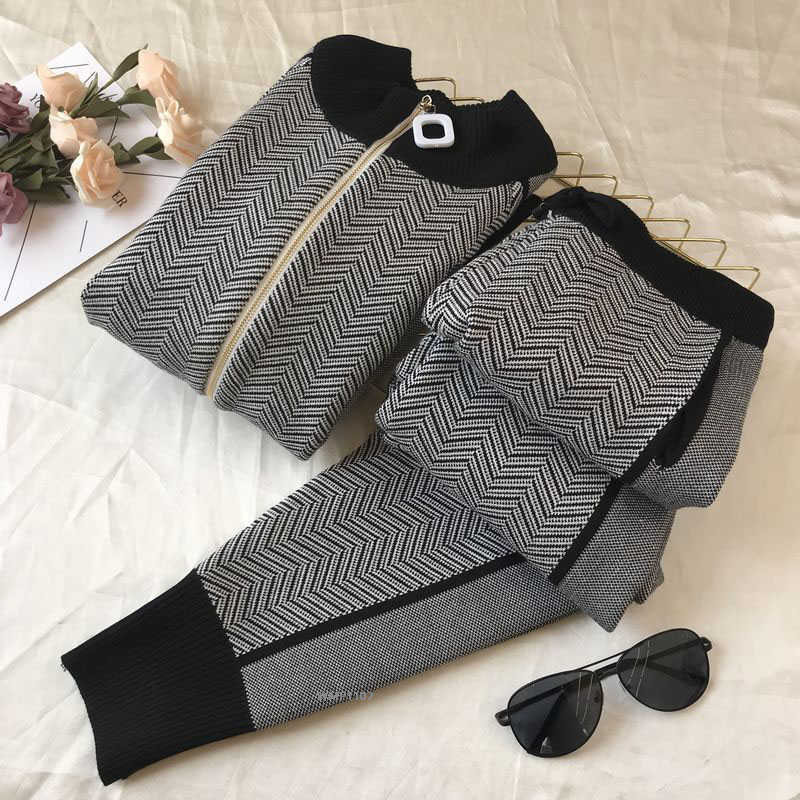 Autumn New Women Geometric Knitting Tracksuit Zipper Cardigans jacket+ Pants Female Winter Fashion Design 2pcs Sports Set TZ48 Y0625