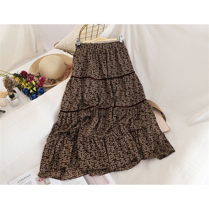 Autumn & Winter Arrival Korean Style Floral Print Aline Skirt Stitching Chiffon Skirt Velvet Skirt 210306