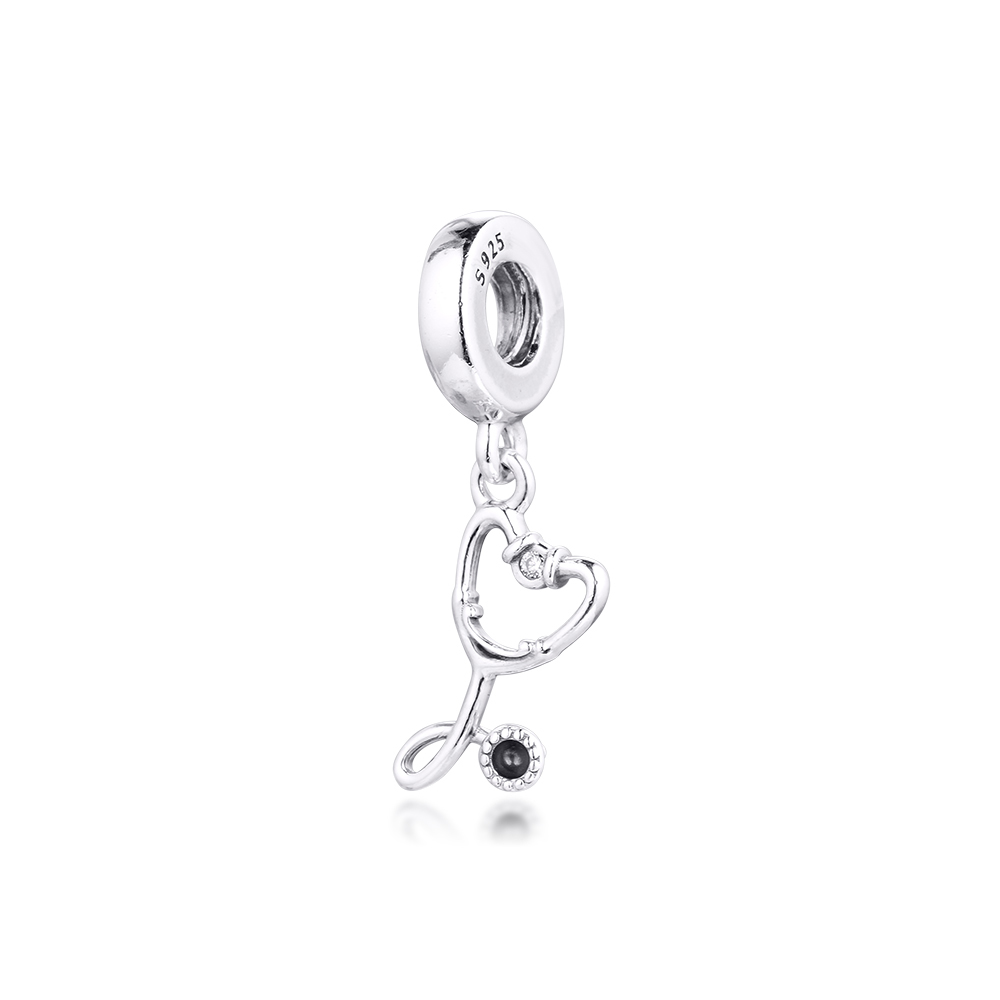 Heart Beads100% Real 925 Sterling Silver Stethoscope Heart Dangle Charms Fit Bracelet Metal Beads Silver Jewelry Q0531