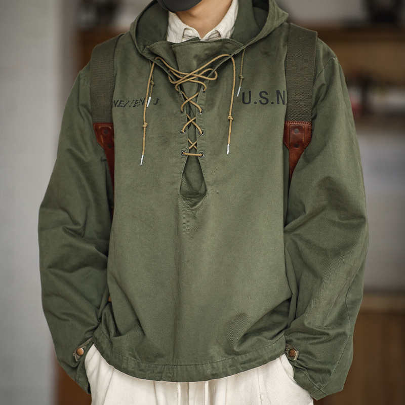 Madden male Hooded Pullover Long Sleeve Deck Parker Jacket Drawstring Neckline Workwear Jacket Green Cuffs Ribbon Closure Jacket 201130