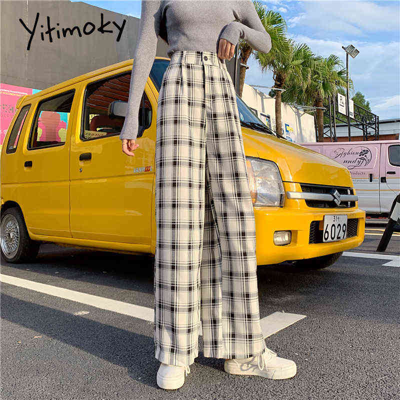 Yitimoky Plaid Pants Sweatpants Women Spring Streetwear Korean Style Elastic High Waist Straight Wide Leg Woman 211115