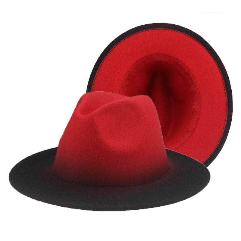 Women Hats Fedora Gradient Color Patchwork Men Hats Felted Black Red Street Casual Women New Fedora Hat Sombreros De Mujer