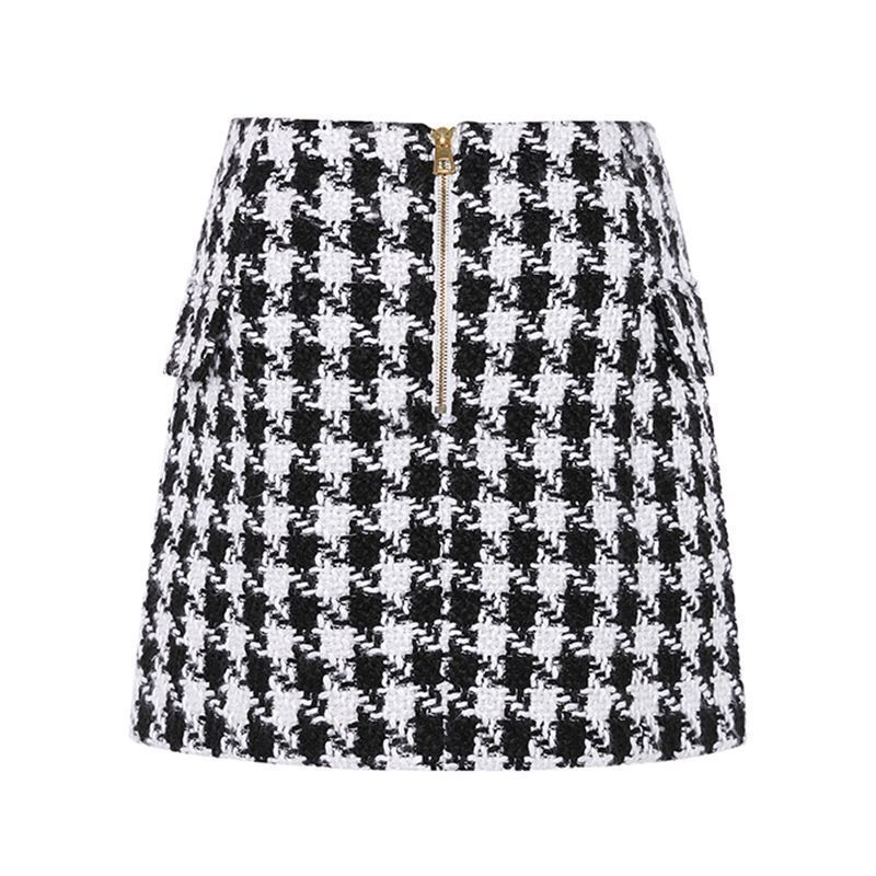 UKCNSEP Fall Winter Skirt Womens Fringed Lion Buttons Houndstooth Tweed Mini Skirt 210306