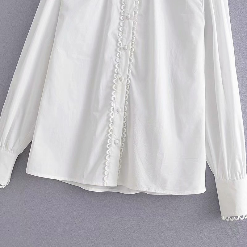 women elegant lace wave edge decprate white blouse shirts women stand collar office blusas chic autumn feminina tops LS4246 T200322