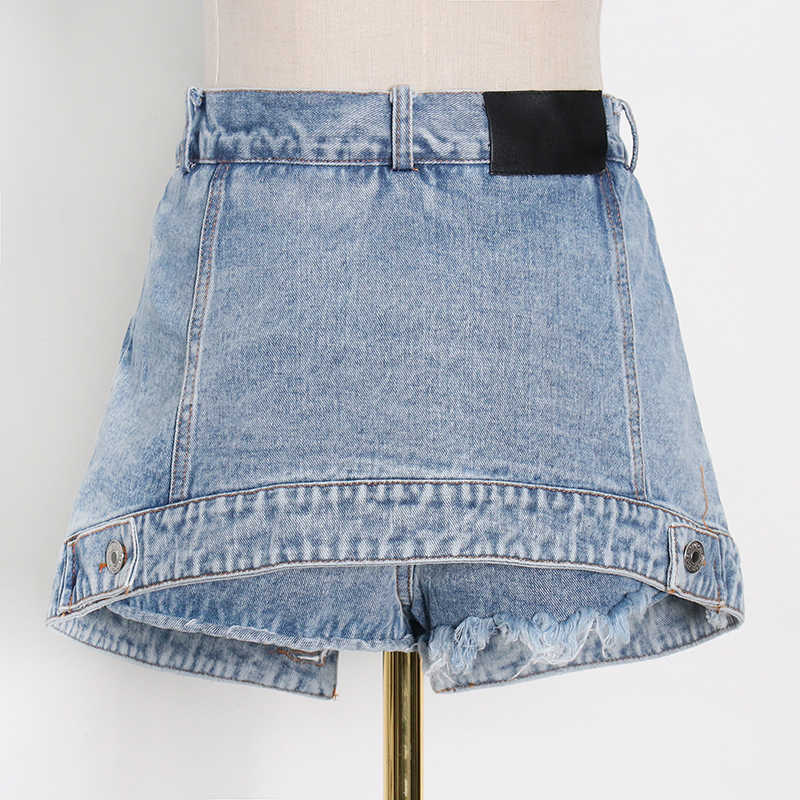 TWOTWINSTYLE Casual Patchwork Button Tassel Short For Women High Waist Mini Denim Skirts Shorts Female Fashion 210714