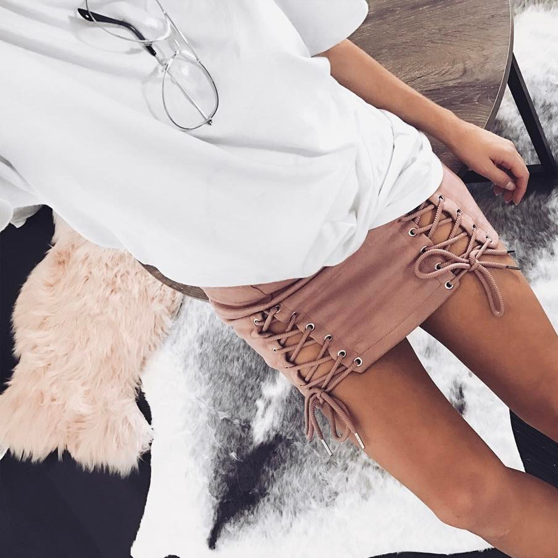 fashion trend hot models women models Faux Leather Women Bandage Suede Fabric Sexy Skirt Sexy Elastic Short Skirt 210309