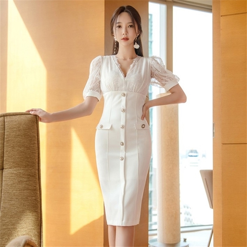 Spring Sexy Lace Pencil Dress Korean V-neck Single-breasted Puff Sleeve Work Party Slim Bodycon Dresses 210603, Black
Spring Sexy Lace Pencil Dress Korean V-neck Single-breasted Puff Sleeve Work Party Slim Bodycon Dresses 210603, Black