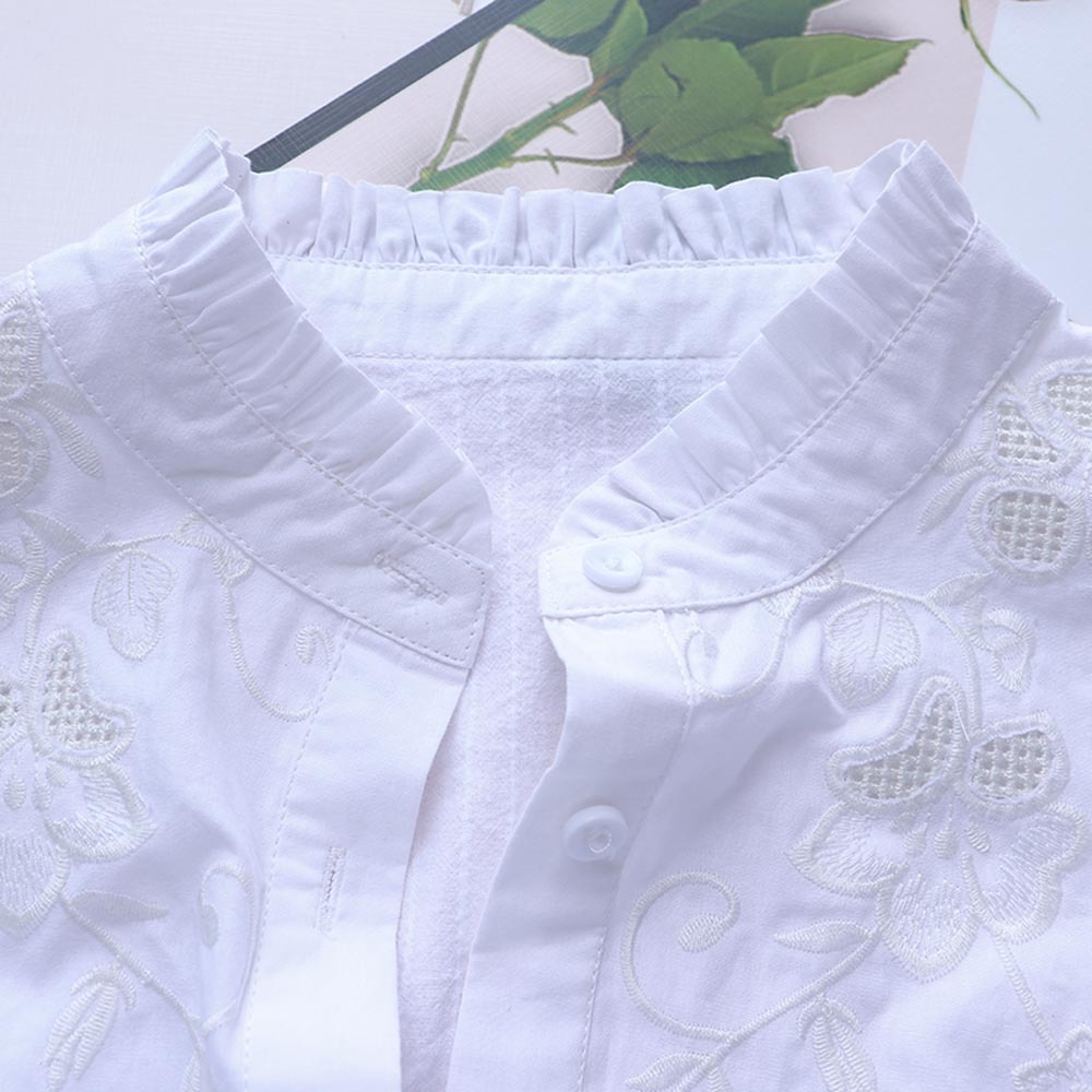 Summer Blouse Women Shirt Tops Cotton Korean Style Floral Embroidered Pleated Ruffle Stand Collar Casual Plus Size Clothes 210225