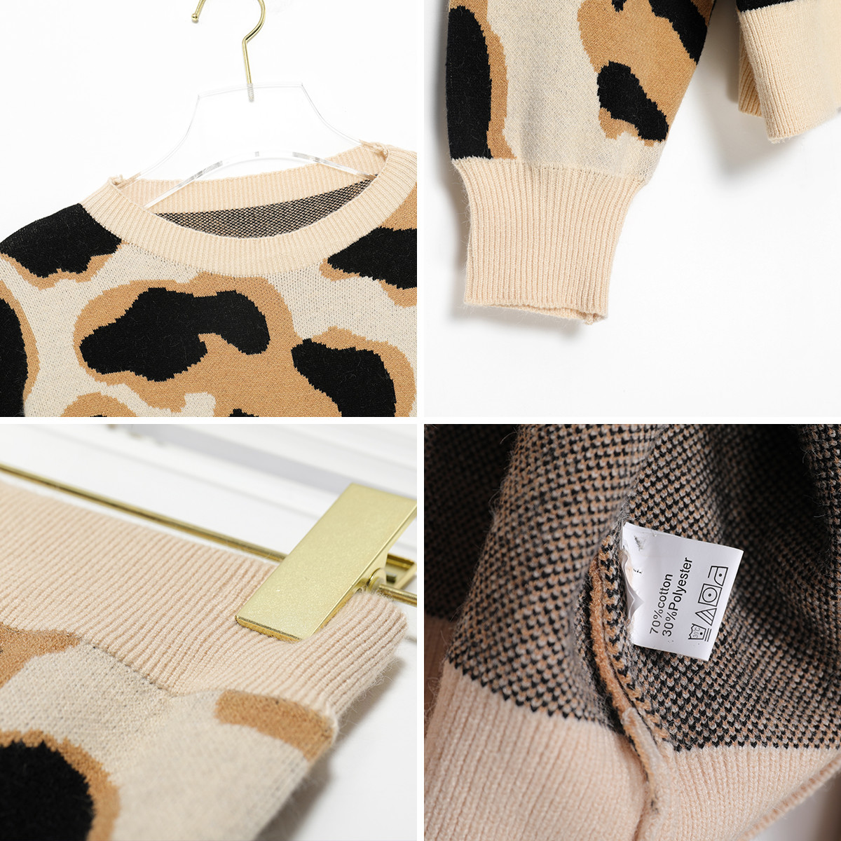 Jastie Retro Leopard Print Women Sweater Set O Neck Pullover Jumper Top Knitted Elastic Waist Shorts 2 Pcs Set Winter Sweater 210218