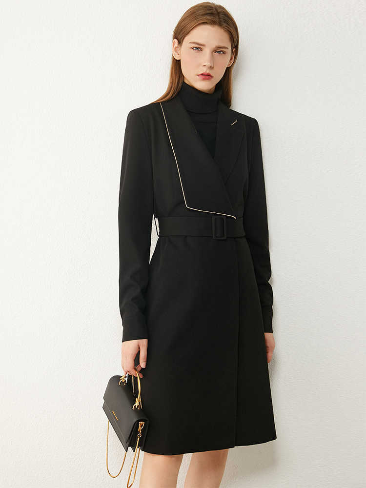 Minimalism Spring Autumn Women's Suit Coat Fashion Offical Lady Lapel Belt Knee-length Black Blazer Women 12070479 210527