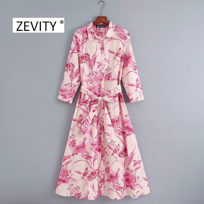 Zevity New women vintage birds flower print shirt dress office lady three quarter sleeve bow sashes vestidos chic dresses DS4152 210303