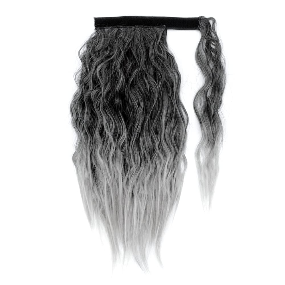 Salt pepper curly gray ponytail human hair extension naturally grey pony tail hair piece black highlight silver no care with drawstring two combs easy