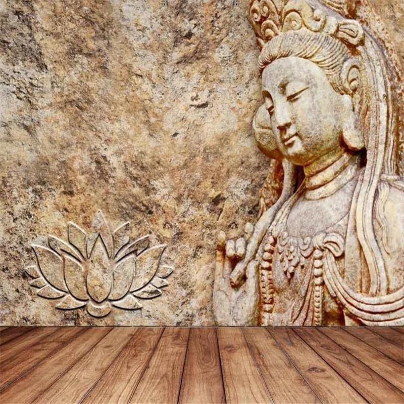 

Wallpapers Milofi Custom 3D Wallpaper Mural Stone Carving Buddha Statue Guanyin Bodhisattva Background Wall For Living Room Bedroom Decorat, Silk cloth