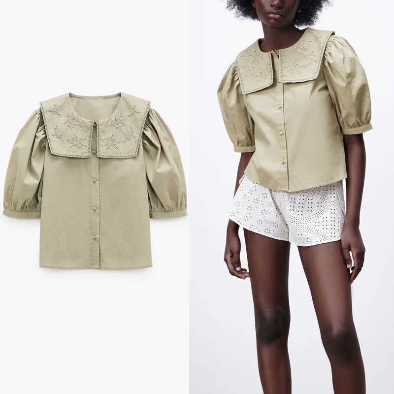 Za Summer Embroidered Shirt Women Vintage Short Puff Sleeve Peter Pan Collar Casual Embroidery Top Female Button Up Shirts 210602, As picture
Za Summer Embroidered Shirt Women Vintage Short Puff Sleeve Peter Pan Collar Casual Embroidery Top Female Button Up Shirts 210602, As picture