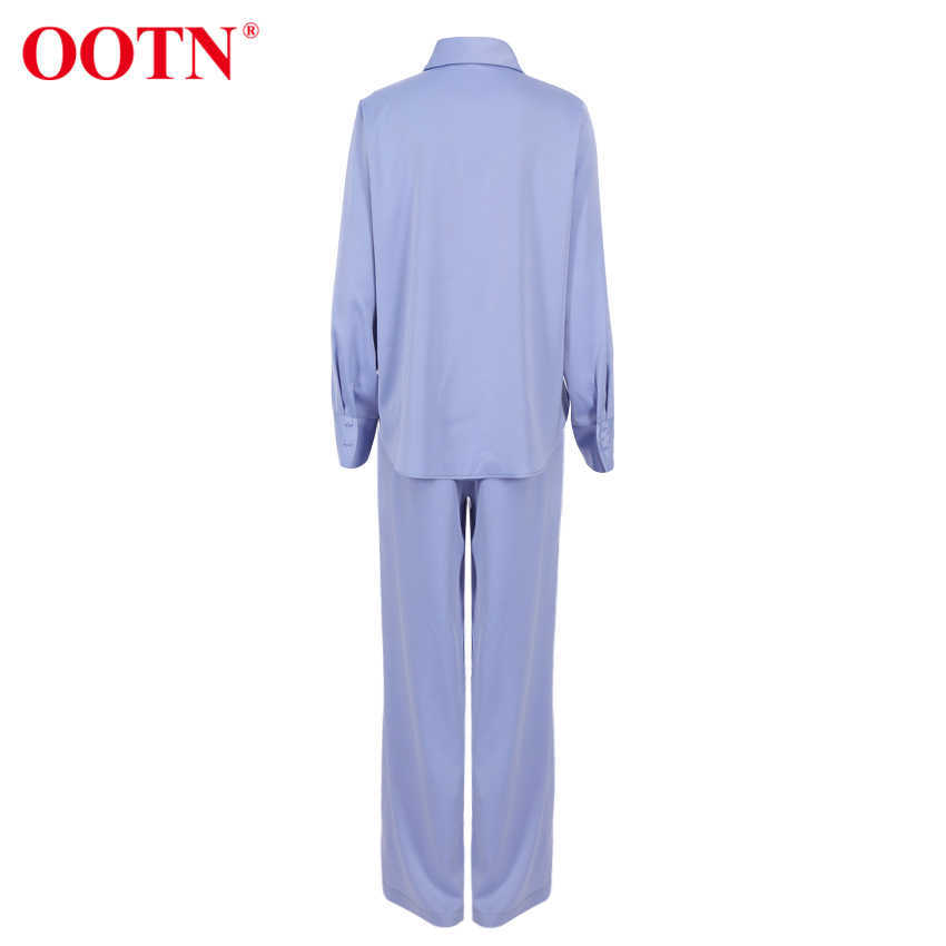 OOTN Blue Satin Home Suit Wear Spring Brown Long Sleeve 2 Piece Top And Pants Women Sets Loose Casual Solid Ladies Trousers Set 210707