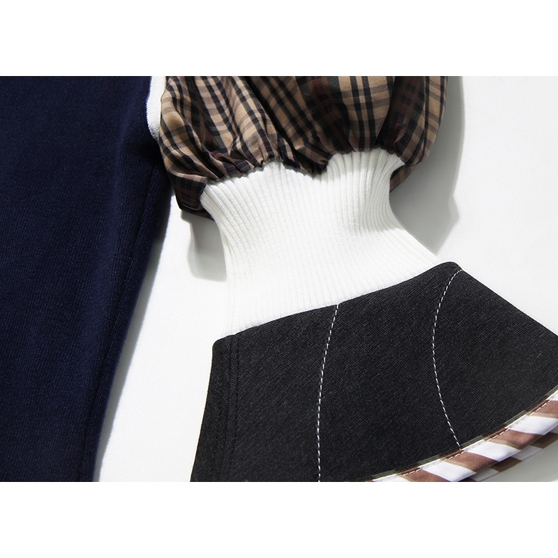 [EAM] Women Plaid Split Knitting Temperament T-shirt New Round Neck Long Puff Sleeve Fashion Tide Spring Summer 2021 1T923 210302