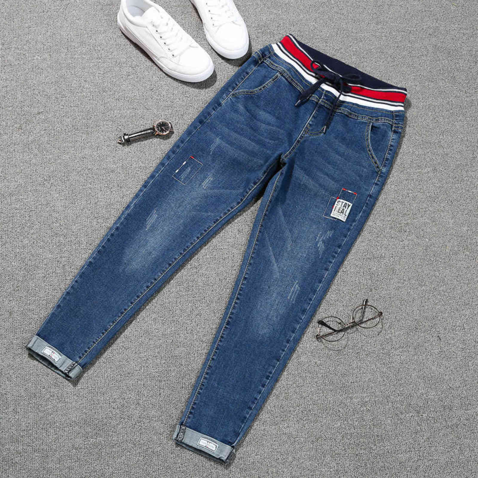 Large Plus Size 4XL 5XL Spring Stretch Jeans Women High Street Lace Up Harem Pants Elastic Wasit Patch Cuffs Denim 211115