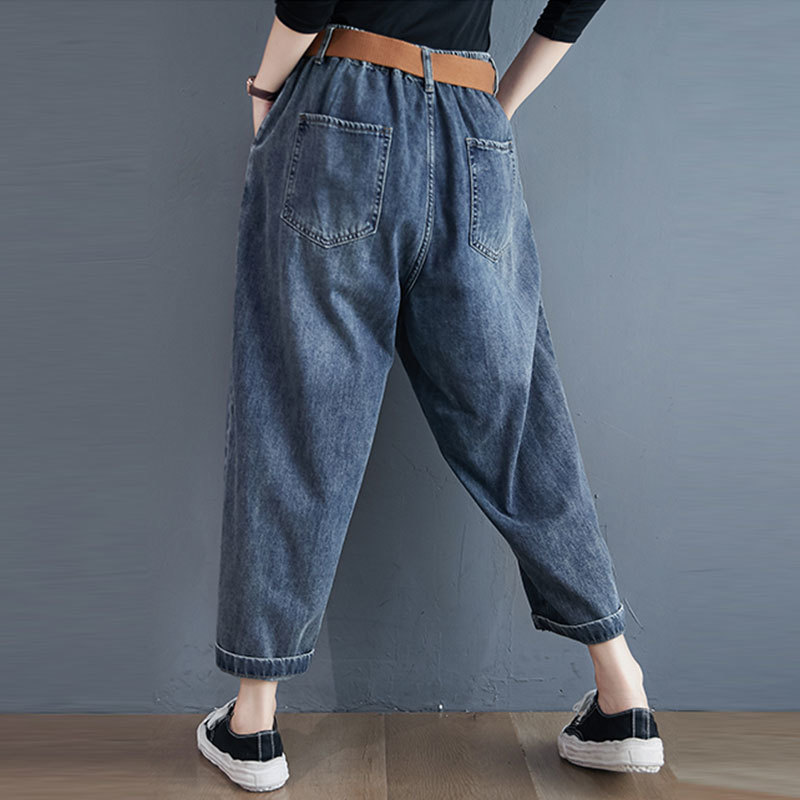 Autumn Korea Fashion Women Cotton Denim Harem Pants all-matched Casual Elastic Waist vintage Blue Loose Jeans Plus Size M634 210302