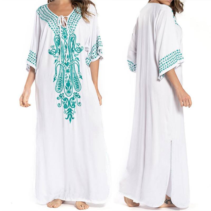 2021 Indie Folk Lace Up V-Neck Batwing Sleeve Summer Beach Dress Tunic Women Beachwear kaftan Maxi Dress Robe Sarong N775 210224