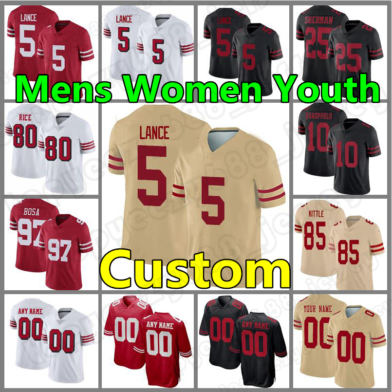 5 Trey Lance Men Custom 49er 10 Jimmy Garoppolo women jersey 85 George Kittle San 97 Nick Bosa Francisco Jerry Rice Joe Montana 44 Kyle Juszczyk football Jerseys, Custom men (49ren)
5 Trey Lance Men Custom 49er 10 Jimmy Garoppolo women jersey 85 George Kittle San 97 Nick Bosa Francisco Jerry Rice Joe Montana 44 Kyle Juszczyk football Jerseys, Custom men (49ren)