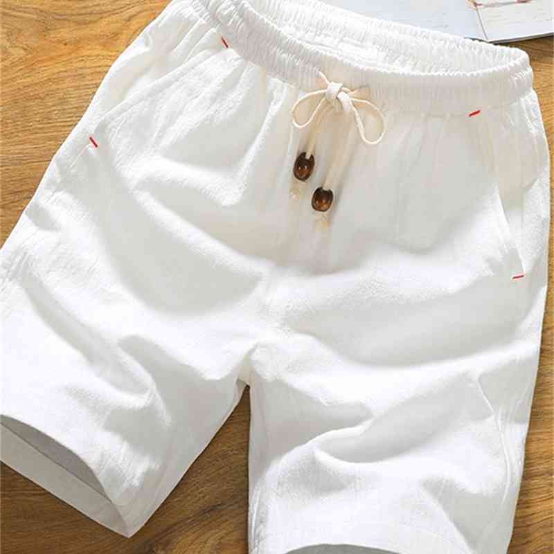 Summer lovers solid casual shorts male linen knee length cotton Board men drawstring thin Breathable Male Bermuda white 210629