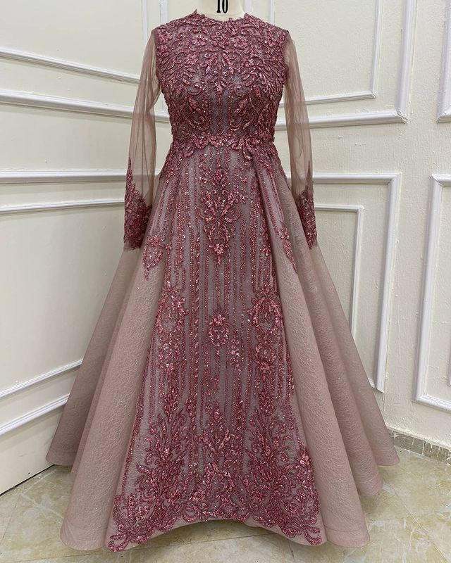 Plus Size Arabic Aso Ebi Muslim Lace Beaded Prom Dresses A-line Long Sleeves Vintage Evening Formal Party Second Reception Gowns Dress ZJ044