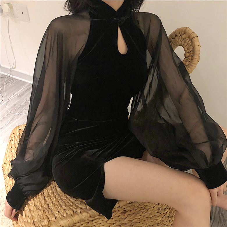 Joinyouth Autumn Winter Women Dress Robe Mesh Patchwork Lantern Sleeve Slim Lady Mini Dresses Stand Neck Split Vestidos 56798 210309
