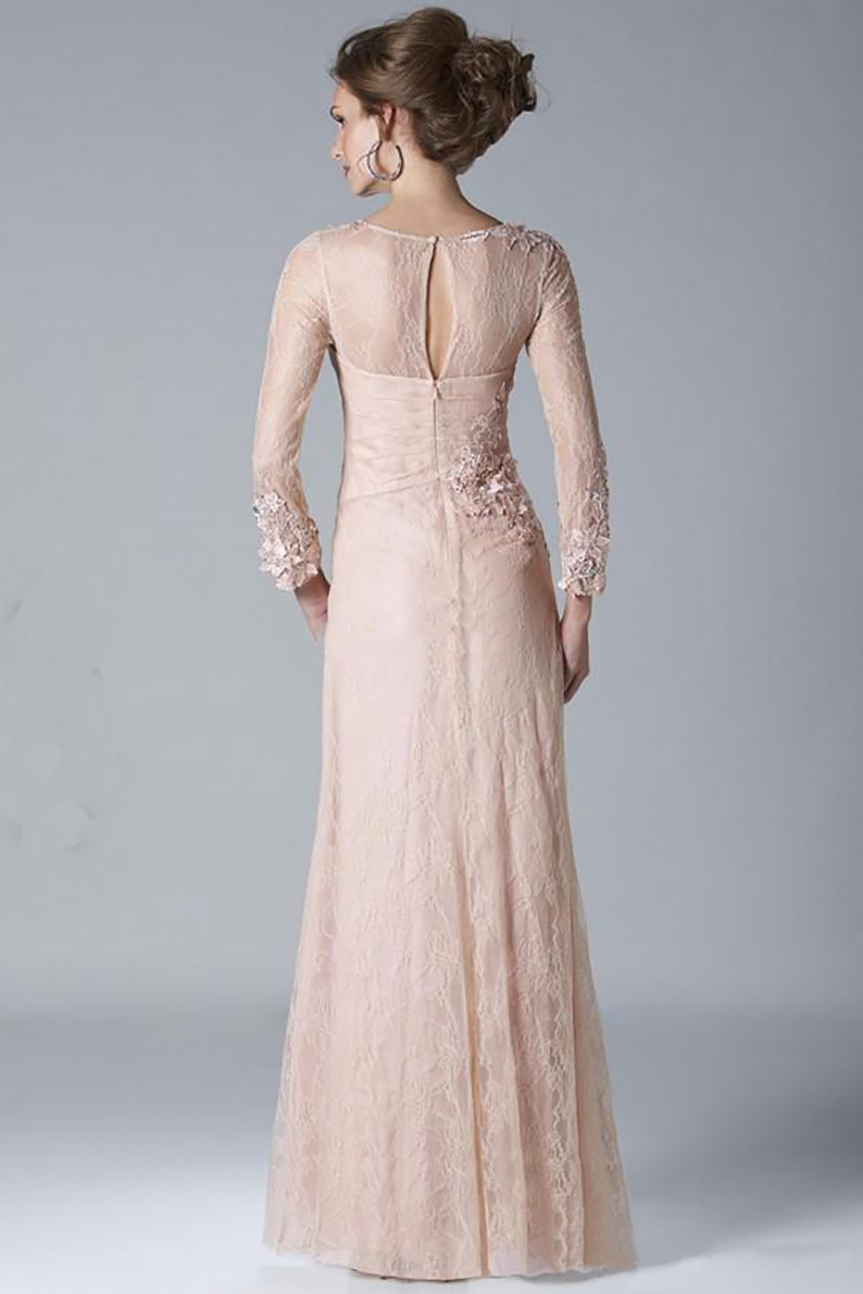 Mother Of The Bride 2021, Hollow Back Formal Gown Evening Dresses With Sheath Lace Appliques, Long Sleeve Ankle-Length