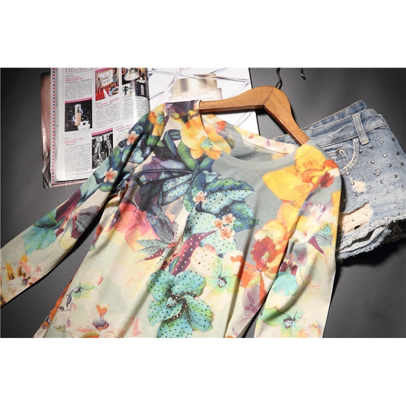 Fashion hot drilling colorful floral double print thin t shirt women new arrivals oneck long sleeve Plus size M4XL T200319