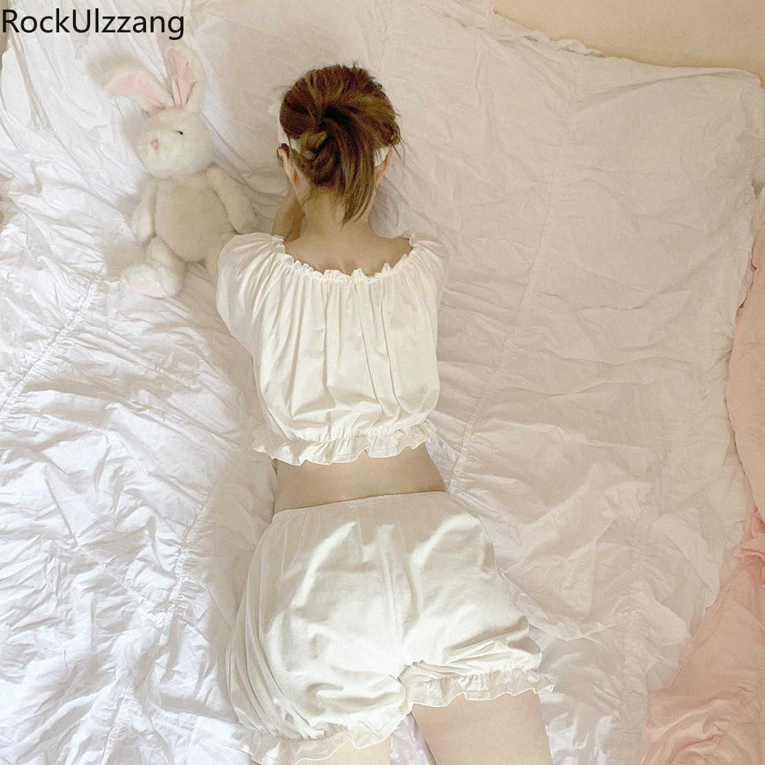 White Purple Red Solid Sexy Drawstring Ruffles Neck Summer Crop Top Lolita Cute Short Lounge Set Two Piece Pajama Cotton Sleep 210622