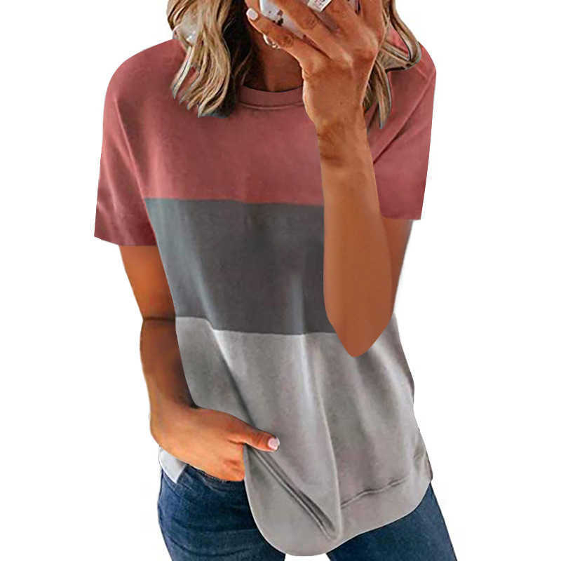 Plus Size S-5XL Women Tops Casual O-Neck Short Sleeve Loose T-shirt Summer Contrast Patchwork Oversized T-shirts Ladies 210526