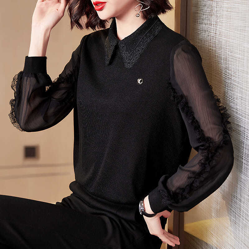 Women Spring Autumn Style Chiffon Blouses Shirts Lady Casual Peter Pan Collar Patchwork Chiffon Blusas Tops DF3795 210225