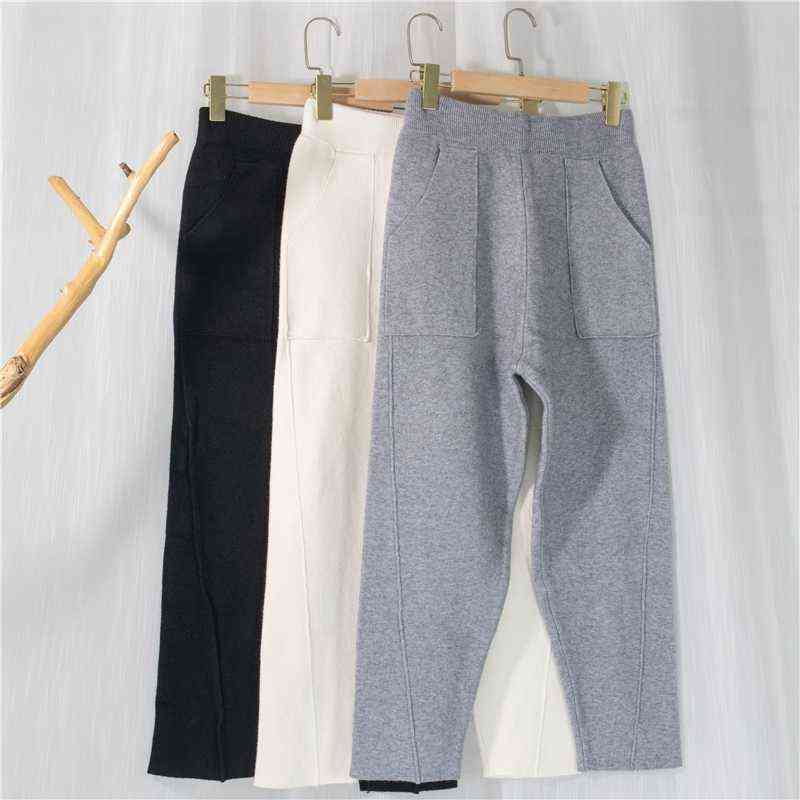 Colorfaith Autumn Winter Women Pants 3 Colors High Waist Wide Leg Pockets Ankle-Length Harem Warm Wild Trousers P1058 211115