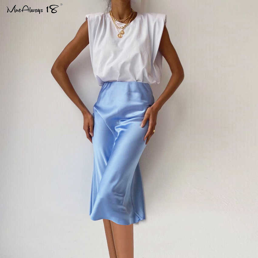 Mnealways18 Solid Purple Satin Silk Skirt Women High Waisted Summer Long Elegant Ladies Office s Midi Spring 210619