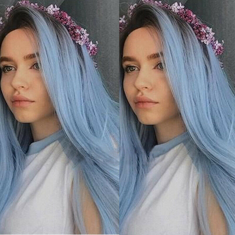 28'' Synthetic Hair Wig Long Straight Wigs Heat Safe Ombre Mint Blue Synthetic