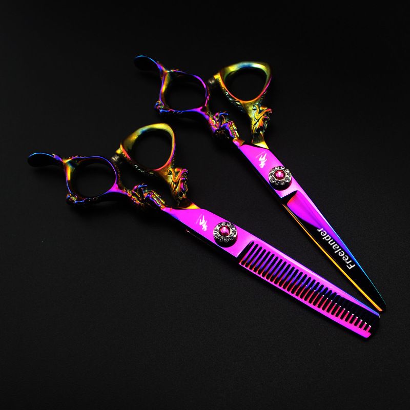 FREELANDER 6.0 inch purple hair scissors cutting / thinning scissors with comb scraper leather case barber scissors