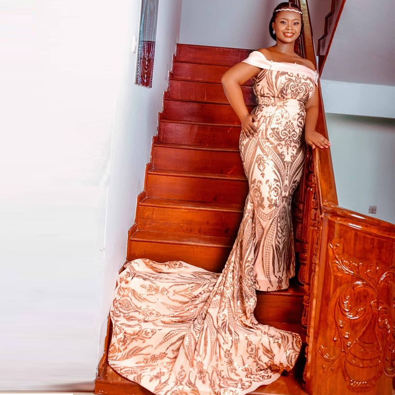 Sparkly Gold Sequins Mermaid Evening Dresses Court Train 2021 Off Shoulder African Women Formal Evening Gown Plus Size Prom Party Dress