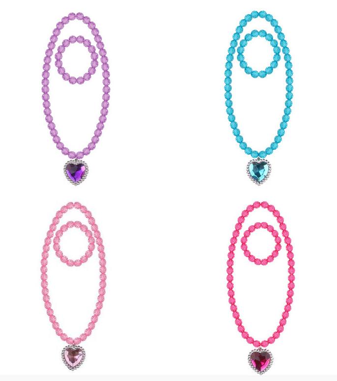 Beads Necklace and Bracelet Set for Kids Girls Jewelry with Crystal Heart Pendant Dress Up Pretend Play Party Favor Pink Blue Purple