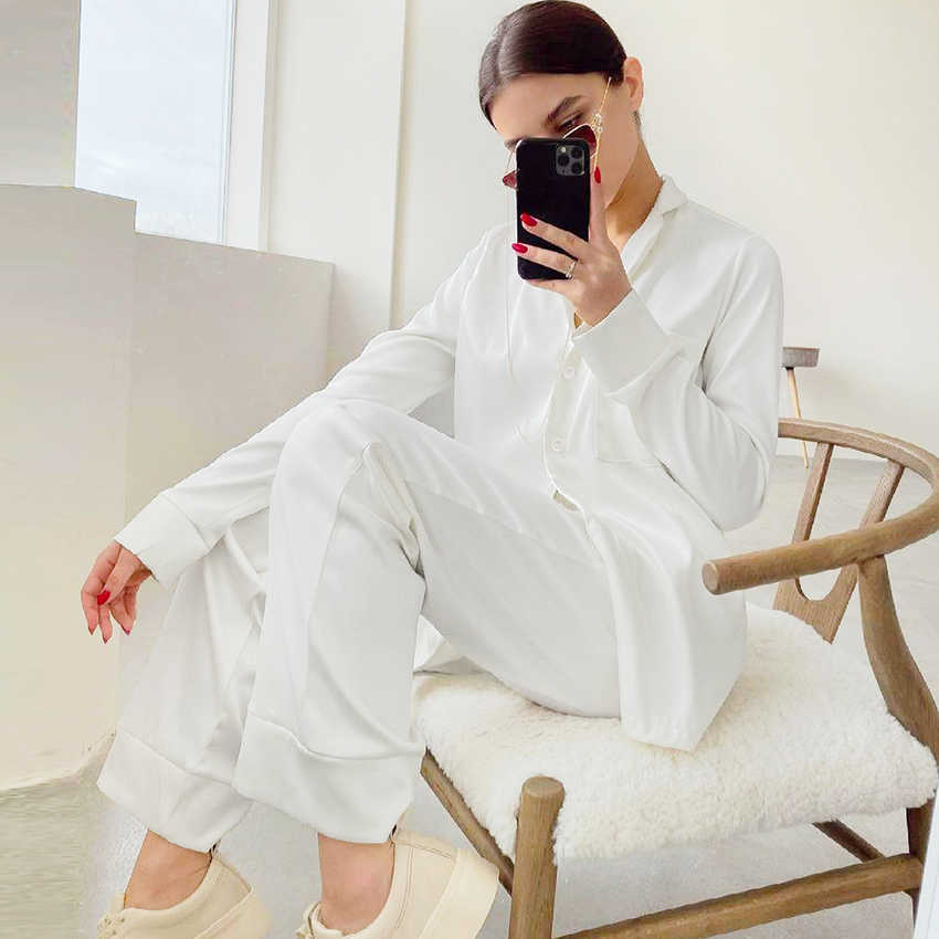 HECHAN Blue Women Pajamas Turndown Collar Pocket Long Sleeve Casual Pants 2 Piece Set Sleepwear Female Home Suit Sets Nightwear 210924