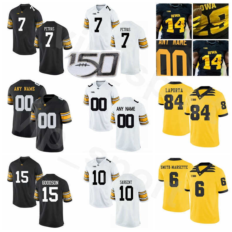College NCAA Iowa Hawkeyes Football 15 Tyler Goodsoni Jersey 7 Spencer Petras 10 Mekhi Sargent 84 Sam LaPorta Stitched Black White Yellow, With 150th patch
College NCAA Iowa Hawkeyes Football 15 Tyler Goodsoni Jersey 7 Spencer Petras 10 Mekhi Sargent 84 Sam LaPorta Stitched Black White Yellow, With 150th patch