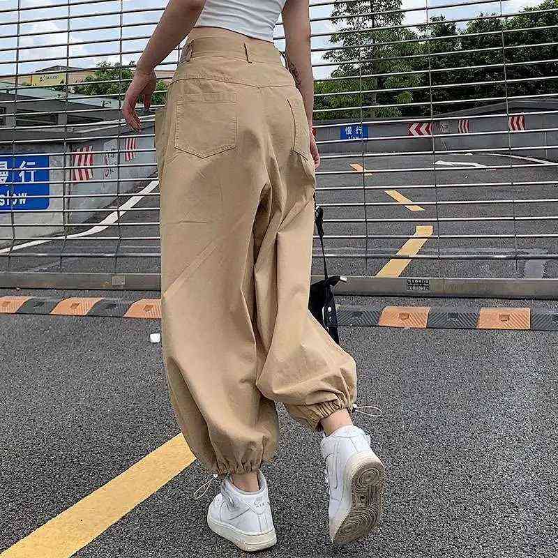 HOUZHOU Y2K Fashion Khaki Oversized Cargo Pants Hip Hop Style Loosed Adjustable Waist Drawstring Long Pant Streetwear 90s Autumn 211115