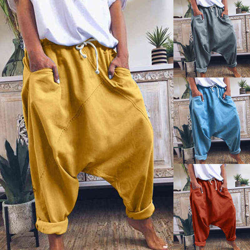 Women Harem Pants Trousers Boho Mid Waist Solid Check Baggy Wide Leg Casual s 211115