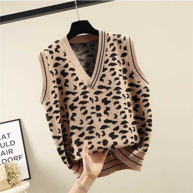V-neck Leopard Pattern Knitted Sweater Vest Women Loose Sleeveless Fashion Short Pullover Female Spring Autumn 210915