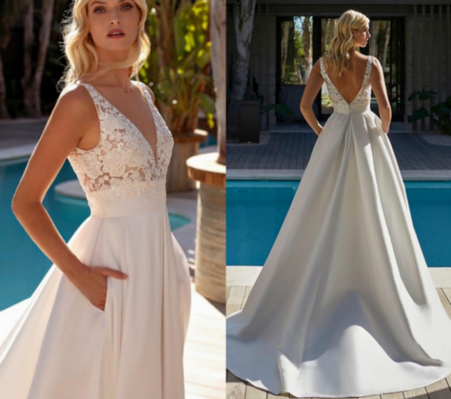 2022 Simple Satin Lace Wedding Dress With Pockets V Neck A Line Boho Bridal Gown Custom Made Sexy Backless Robe De Mariee