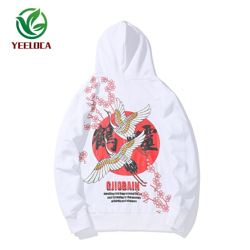Autumn Winter Dropshipping Chinese Style Crane Crane Cherry Hoodie Oversized Cotton Hip Hop Rock Band Sweatshirt 201020
