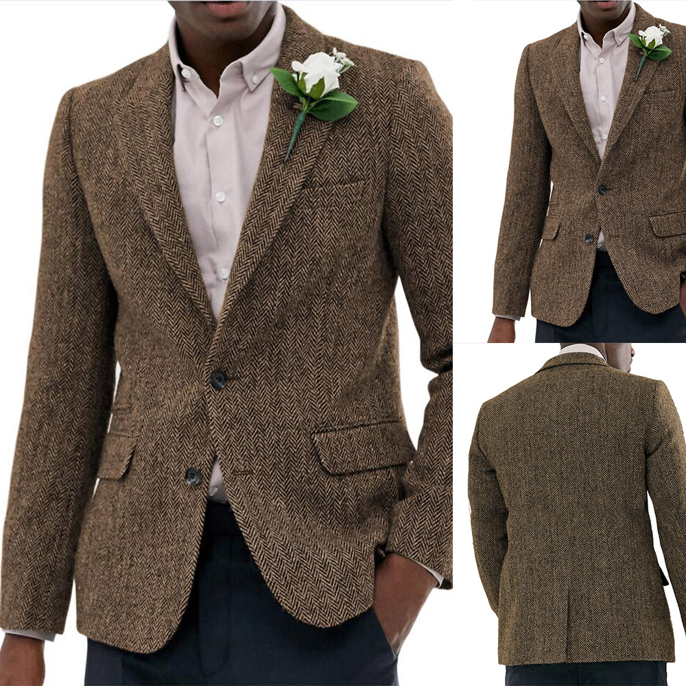 Herringbone Wool Men Suits Business Casual tuxedos Slim Fit Groom Party Coat Tailored Performance Work Wear Wedding Suit