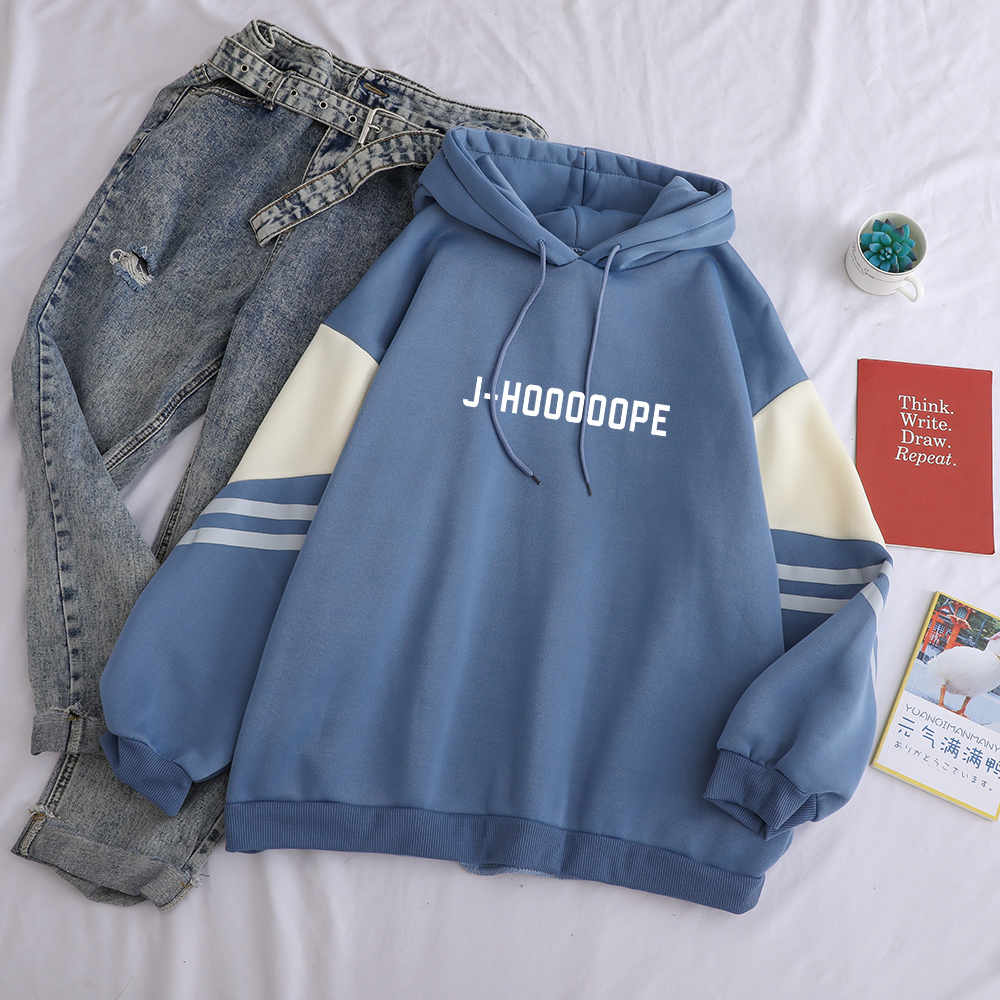 J-HOOOOOPE Kpop Hoodies Casual Letters Printed Women Winter Fleece Sweatshirt Hoody Hit Color Patchwork Pullover 201112