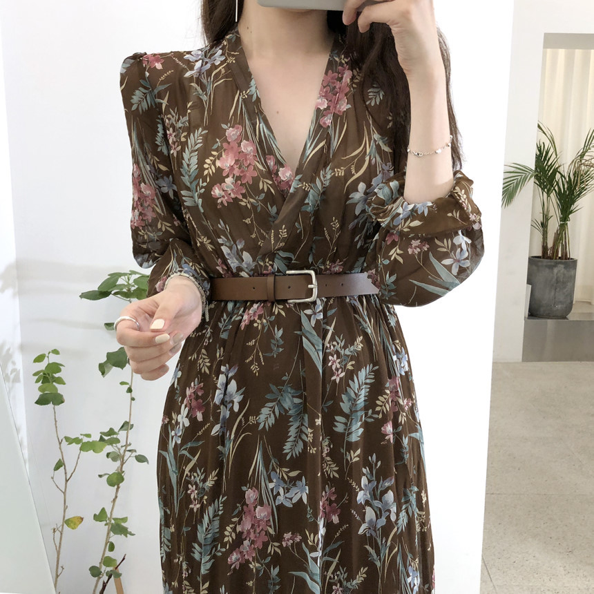 Flectit Vintage Women Floral Dress With Belt Long Sleeve V Neck Airy Chiffon Feminine Dress Fall Spring * 210309