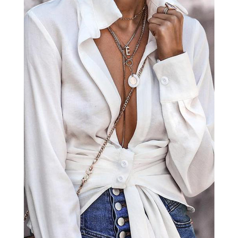 TITAME Classic White Shirt Women Long Sleeve Blouse Lace Up Knot Office Ladies Blouse Spring Autumn Sex Female Tunic Top 21302