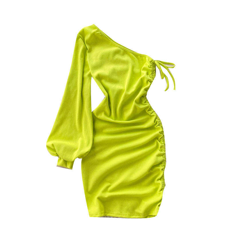 DEAT Women Slim Drawstring Dress Diagonal Collar Long Sleeve Arrivals Lady Sexy Fashion Spring Summer 11D2009 210709